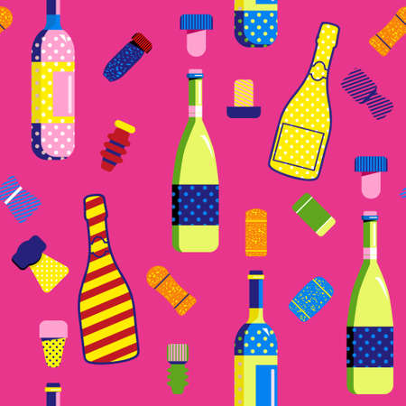 Seamless pattern in Pop Art style with champagne and wine bottles and Cork stoppers. Different types and forms bungs and plugs for alcohol drinks.Print for birthday invitation,holiday celebration,menuのイラスト素材