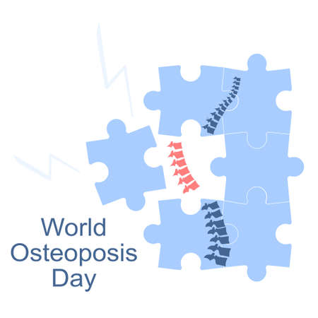 World Osteoporosis Day. Human spine with disease and pain.Fragile and broken bones.Skeleton falls apart by puzzles. Movement disability and arthritis,disease of joint.Vitamin D deficiencyのイラスト素材
