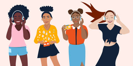 Young women different ethnicities are listening to music in earphones and enjoy sound.Fan,meloman.Girls with various hairstyles are holding retro audio players.Poster for jazz club,fest,acoustic barのイラスト素材