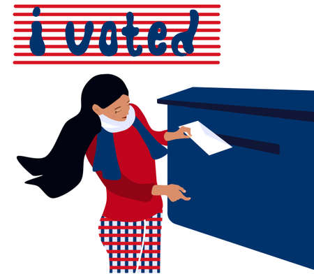 Vote day in USA or other country.Young girl puts envelope in the postbox and polling.Vector illustration with ballots. President, government choosing by people, democracy. Delivery of letters,telegramのイラスト素材
