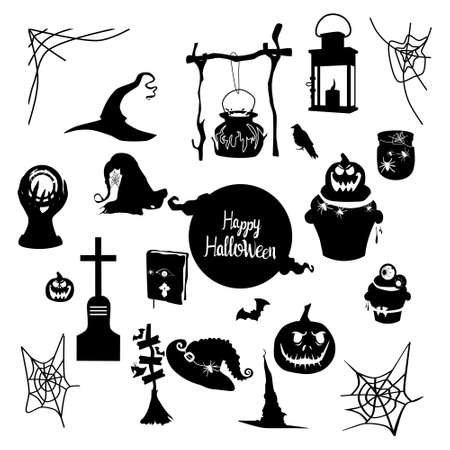 Halloween lettering vector set with tradition symbols.Day of the dead.Night party invitation or greeting card in black color.Spider webs,magic ball,pumpkin,witches hat and cauldron.All Saints Eveのイラスト素材