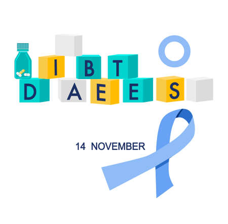 World diabetes day illustration.Cubes with disease world and lump sugar.Awareness ribbon and pills.Determination of glycated hemoglobin,blood Test.Disruption of the endocrine pancreas.Vector bannerのイラスト素材