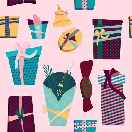 Gift boxes seamless pattern.Convolutions in festive paper different forms,size.Christmas,New year...