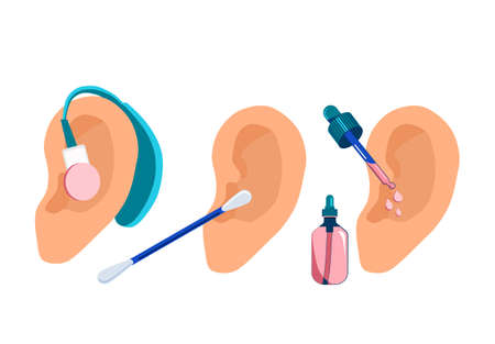 Human ears with aerophone,cotton swab and pipette.Hearing protection.Deafness prevention and otolaryngology.Personal hygiene routine and care.Removing cerumen,otitis treatment with serum medical dropsのイラスト素材