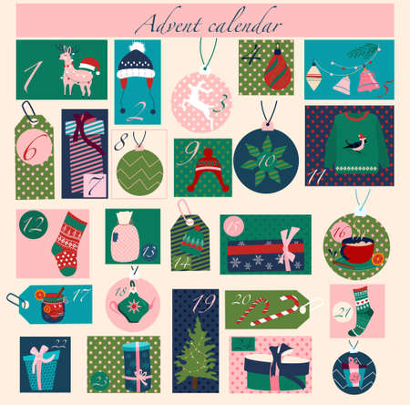 Christmas Advent calendar with elements in flat style.Winter holiday symbols for card,kid room decor, nursery art.Gift boxes,xmas tree toys,warm clothes.Catholic tradition.Vector in pastel colorsのイラスト素材