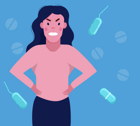 PMS concept.Woman has resentment and indignation because of premenstrual syndrome.Angry girl with irritated face expression.Cramps mood swings.Tampons and pills around.Vector in flat style.のイラスト素材