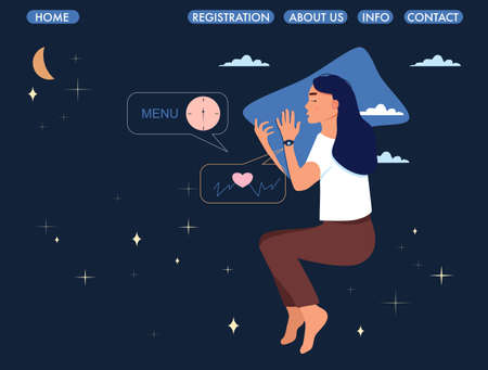 Woman lying in bed on the side with sleeping tracker on her hand.Website page.Device controls quality of dream or slumber during night.Electronic smart watch app.Healthcare and melatonin.Flat styleのイラスト素材