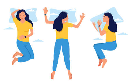 Young woman sleeping in bed in different positions.Girl with fitness tracker on her wrist.Device control quality of slumber during night.Electronic smart watch app.Healthcare and melatonin.Flat styleのイラスト素材