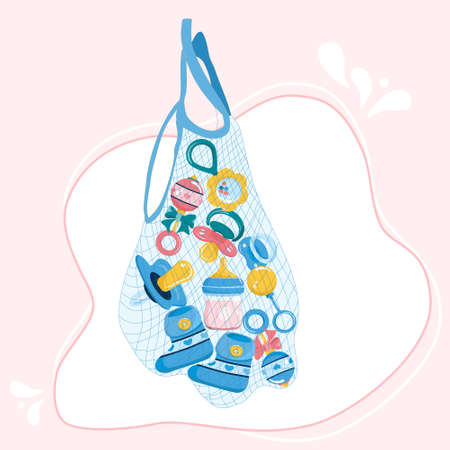 Newborn baby care products and items in string bag.Maternity and childhood accessories.Milk bottle with nipple,dummy pacifier,toy,booties for infant kids,beaded bracelet.Birthday invitation elementsのイラスト素材