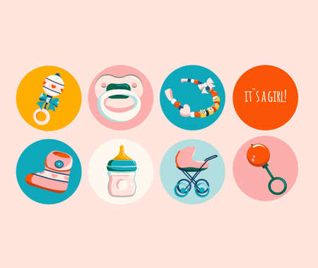 Newborn baby products for girl.Round icon set in retro flat Style.Milk bottle with nipple,dummy...