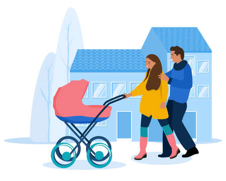 Young woman and man with stroller.Parents are walking with infant baby in city.Pram on urban background.Happiness of Childhood.Flat vector illustration.Newborn Kid.Spending time together outdoorsのイラスト素材