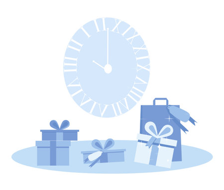 Christmas poster with clock and gift boxes in blue color flat style.Postcard with winter holidays.New year, Xmas or Noel celebration.Vector template for certificate, sale coupon, website banner.のイラスト素材