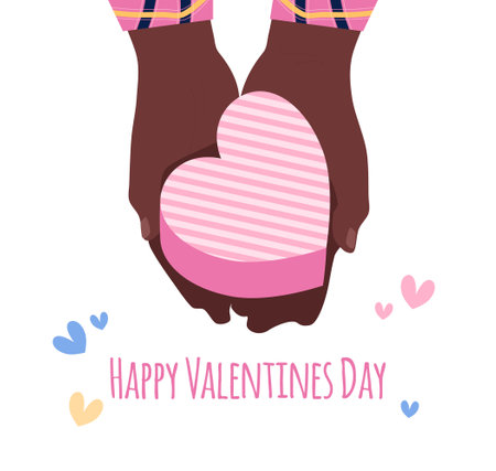 Hands are holding presents for Valentine's day or birthday.Gift box in heart shape form in afro-american female palms.Holiday celebration,romantic date or anniversary.Postcard,greetings,flyer templateのイラスト素材