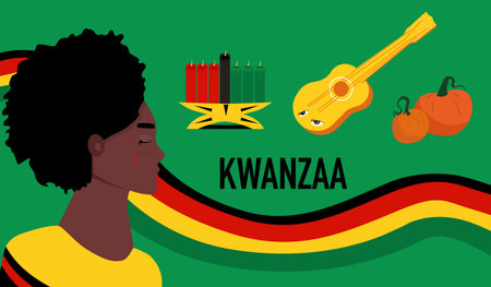 Kwanzaa celebration poster with symbols.Afro-American woman profil portrait.Seven candles kinara for lighting ceremony (Mishuma Saba).Festival of culture,unity and harvest traditions.Green backgroundのイラスト素材