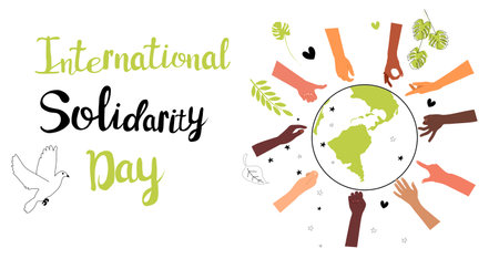 International Human Solidarity Day lettering poster.Hands different ethnicities in various gestures are around Planet Earth.United Nations holiday.Our unity in diversity.Respect all religions concept.のイラスト素材