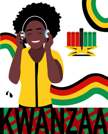 Kwanzaa celebration poster.Festival of African-American culture,music and harvest traditions.New year holiday.Young woman black ethnicity.Seven candles kinara and lighting ceremony (Mishuma Saba).のイラスト素材