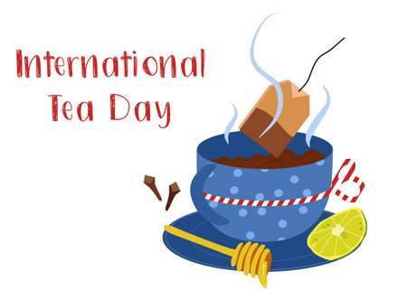 International Tea Day illustration.Cup with hot drink and lemon slice and honey dipper.There is steam from a mug. Cozy mood and warm atmosphere.Vector flat poster.Menu decoration.Herbal beverage.のイラスト素材