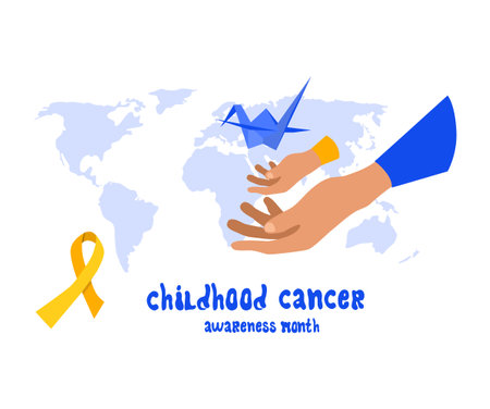 Childhood cancer day or awareness month poster. Hands Holding origami crane like hope symbol. Help and support concept. Oncology disease and treatment. Yellow ribbon and world map.Congenital illness.のイラスト素材