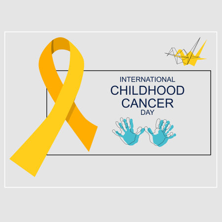 International Childhood cancer day. Origami crane bird and kids handprints are hope symbols. Help and support concept. Oncology disease and treatment. Yellow awareness ribbon. Vector medical posterのイラスト素材