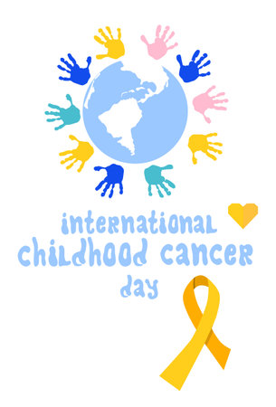 International Childhood cancer day poster with lettering. Colouful handprints are around planet Earth. Hope and support concept. Oncology disease and treatment. Yellow ribbon vector in flat styleのイラスト素材