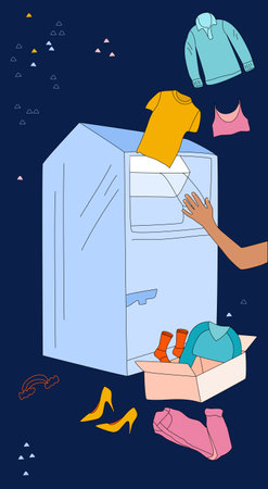 Hand is making Clothes donation in special container. Charity box concept. Swapping,exchanging...