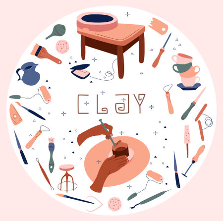 Clay crafting set in doodle style.Pottery modeling and sculpture tools.Instruments in pastel colors. Ceramics workshop banner.Background for for smartphone app,print for website,stationery.Vectorのイラスト素材