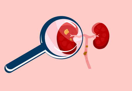 Scrutiny Kidney stone with magnifying glass.Nephrology.Pyelonephritis and renal failure disease.Inflammation in organ,cystitis chronic illness.Problem with filtration,dialysis.Vector in flat styleのイラスト素材