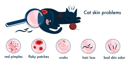 Cat skin problems. Infographics icons with different symptoms, allergy, itching and scabs. Feline healthcare. Horizontal veterinary banner. Zooming of hair loss,pimples.のイラスト素材