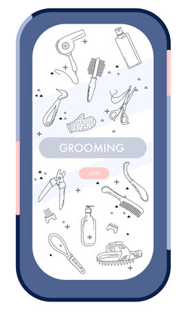 Online pet shop. Smartphone with store website. Ordering goods and food for domestic animal from home. Finding groomer through internet. Tools for fur and nails care.のイラスト素材