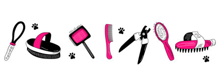 Grooming tools for dog`s fur and nails care.Vector set in doodle style.Glamour vet equipment.Clipping,combing and washing. Online pet shop.Goods for domestic animal.Salon at home.Pink and blackのイラスト素材