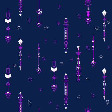 Seamless pattern with various arrows, planetary and zodiac signs in doodle style.Jyotish or Hindu...