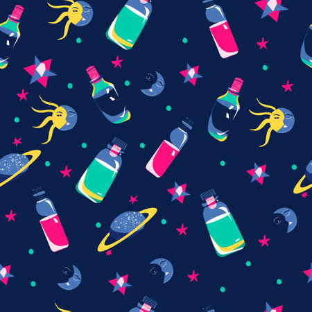 Magic elixirs seamless pattern.Love potions in glass vials with corks.Night,day,space symbols,saturn planet,3d stars.Spell and witchcraft.Paganism and astrology.Alchemist tool.Print on dark backgroundのイラスト素材