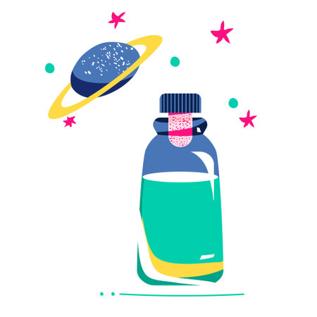 Magic elixir or love potion in glass vial with cork.Spell and witchcraft.Wiccan and astrology symbols,cosmos atmosphere with saturn planet.Trendy colors.Vector in flat style.Alchemist mystery tool.のイラスト素材