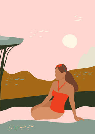 Minimalist woman silhouette on retro summer background.Mid century style poster.Abstract landscape with mountains and sun.Coastline.Female is sunbathing in swimsuit.Contemporary illustration.Vectorのイラスト素材