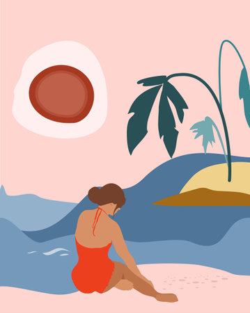 Mid century art.Young woman sitting on the beach in swimsuit and sunbathing.Contemporary poster.Abstract landscape background.Hand drawn vector trendy illustration.Pastel colors in minimalistic designのイラスト素材