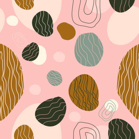 Seamless pattern with abstract Easter eggs,round hand drawn elements.Doodle background for card,stationery.Trendy modern colors palette.Mid century art style.Stains,stripes and waves shape.Boho designのイラスト素材