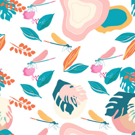 Dragonflies and medinilla showy flowers seamless pattern.Pink tropical bushes,big monstera leaves with streaks.Juicy summer print.Trendy vector for textile,web design,cover template.のイラスト素材