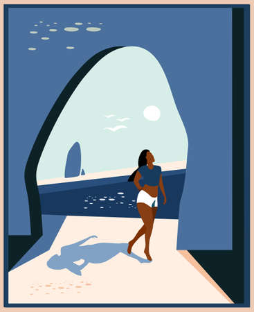 Abstract landscape with rocky cliff.Minimalist woman silhouette on retro summer background.Mid century style poster.Coastline,ocean and sun.Modern scenery.Girl is sunbathing.Travel,enjoy lifeのイラスト素材