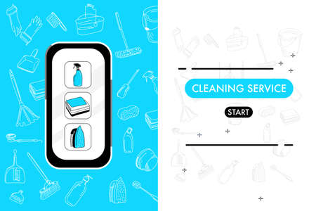 Smartphone with cleaning service website.Catalog of washing tools for floor,windows and dust removing.Find and order scrubwoman through internet.Vector doodle style items for purifying on backgroundのイラスト素材