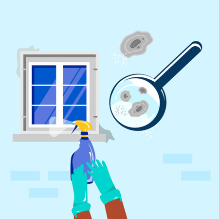 Cleaning service.Washing windows. Hands in gloves are removing mold and using detergent spray with chlorine. Magnifier is zooming dirty wall with fungus and bacteria. Vector cartoon illustrationのイラスト素材