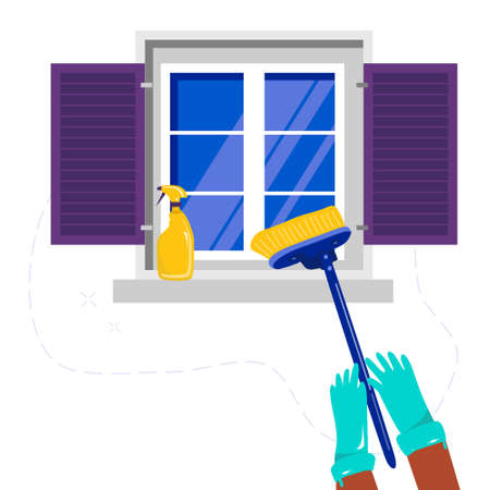 Cleaning service.Washing windows. Hands in gloves are removing plaque and using detergent spray with chlorine. Mop is brushing glass. Vector cartoon illustration.Part of home with shutters. Springのイラスト素材