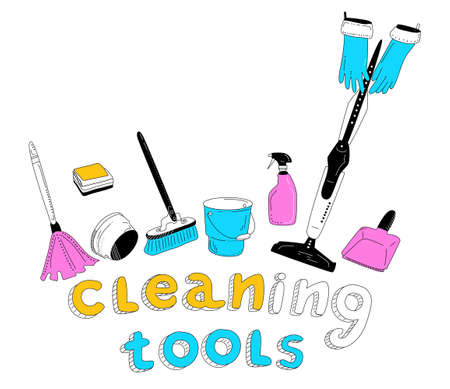 Cleaning tools lettering in Doodle style. Instruments for washing. Purifying service.Hands in gloves.Bucket, broom and detergent. Vector sketch illustration. Advertising for ordering scrubwomanのイラスト素材