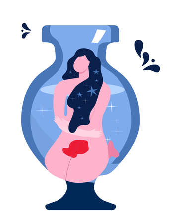 Young woman is bleeding in vase.Miscarriage,compelled abortion.Medical poster with fertility problem.Online Gynecology help for women. Cosmic hair with stars. Illustration. Negative pregnancy testのイラスト素材