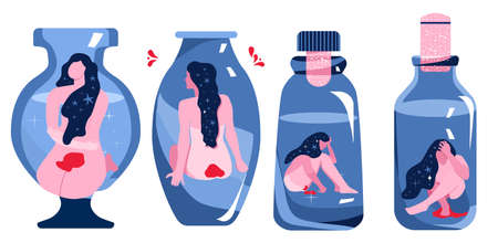 Set of young women which are bleeding in glass vial or vase.Miscarriage,compelled forced abortion.Medical poster with fertility and pregnancy problem.Online Gynecology help. Cosmic hair with stars.のイラスト素材