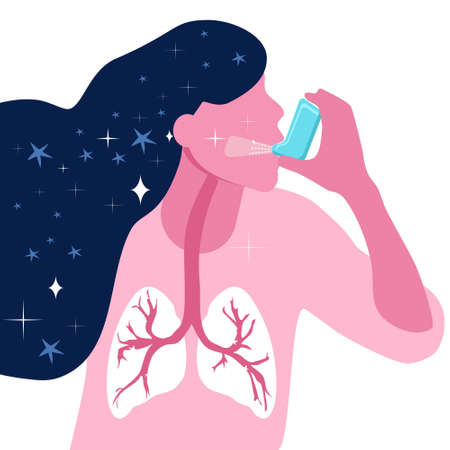 Asthmatic girl breathes with an inhaler.Lungs illness in trendy colors. Woman uses nebulizer against an allergic attack. Chronic obstructive pulmonary disease concept.  Bronchial asthma. Vectorのイラスト素材