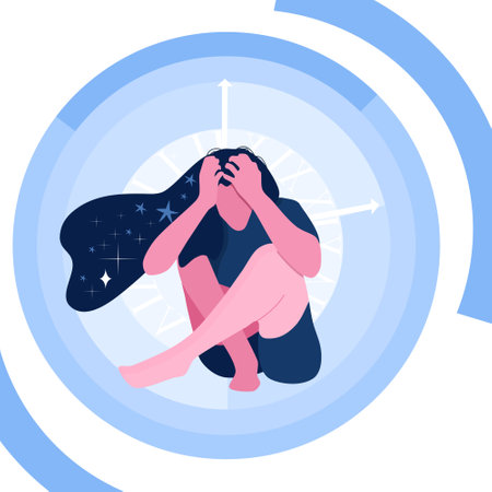 Creative fatigue and deadline. Young woman sits on the floor, clutching her head. Professional burnout, dismissal, failure of exams. Mental health problems. Person is tired,needs help. Vectorのイラスト素材