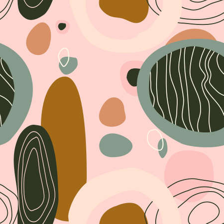 Abstract seamless pattern with hand drawn round elements.Doodle background for card,stationery.Trendy colors.Mid century modern art.Stains,stripes and waves shapes.Cover templateのイラスト素材