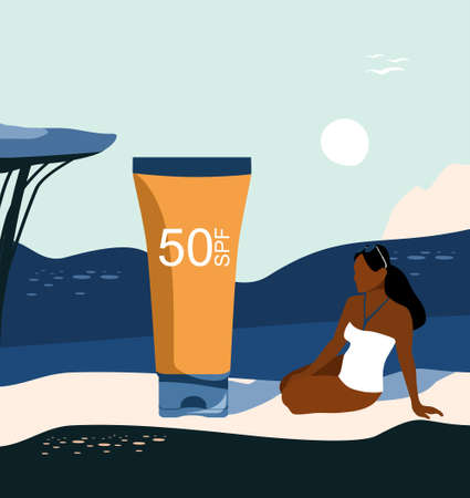 Woman is sunbathing in swimsuit.UV screen gel or tanning oil for skin protection.Retro summer abstract landscape with beach.Contemporary illustration.Mid century style.Prevention of aging and cancerのイラスト素材