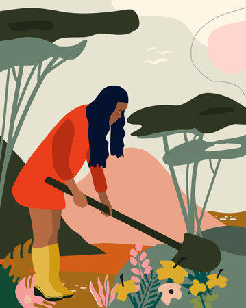 Young woman in red overcoat is gardening.She digs the ground with a shovel and plants flowers.Harvesting concept in trendy colors. Vector illustration with abstract landscape.Seasonal daily lifeのイラスト素材