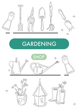 Gardening shop banner in doodle style.Tools for planting,digging and seedling.Equipment for growing flowers. Eco hobby.Illustration with outline pruner, boots,spade,various watering cans.Store websiteのイラスト素材